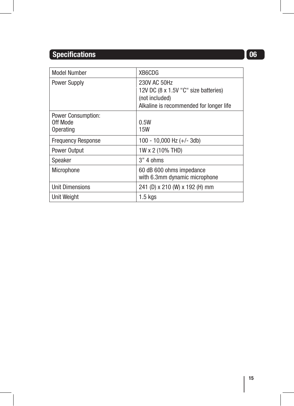 06 specifications | Goodmans XB6CDG User Manual | Page 15 / 20