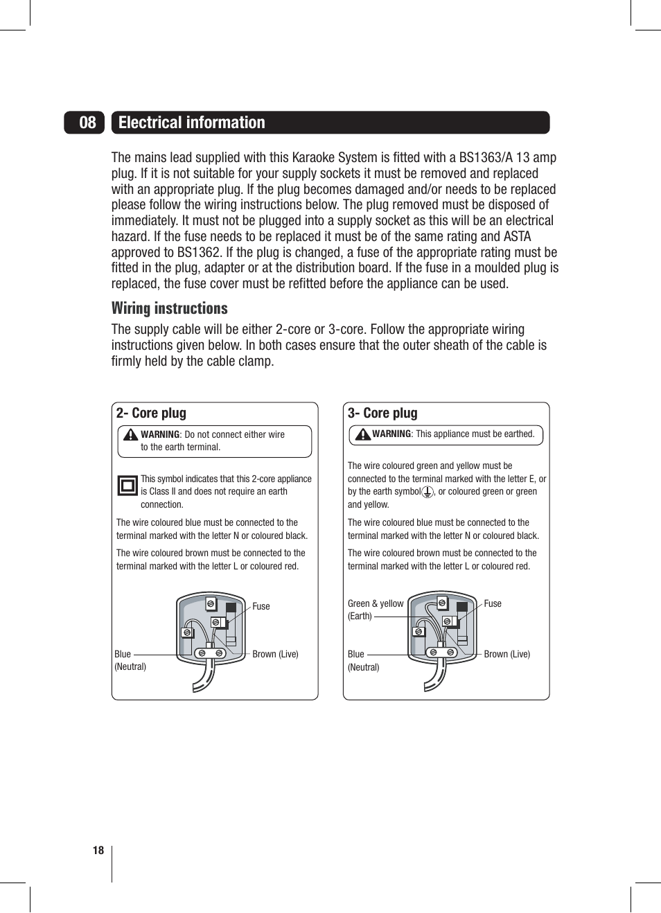 08 electrical information, Wiring instructions, Core plug | Goodmans XB6CDG User Manual | Page 18 / 20