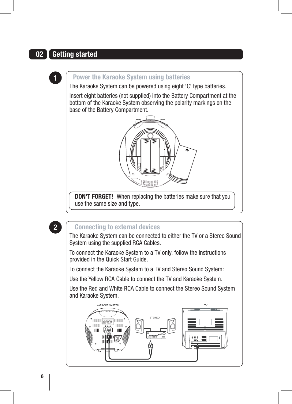 02 getting started 1, Power the karaoke system using batteries, Connecting to external devices | Goodmans XB6CDG User Manual | Page 6 / 20