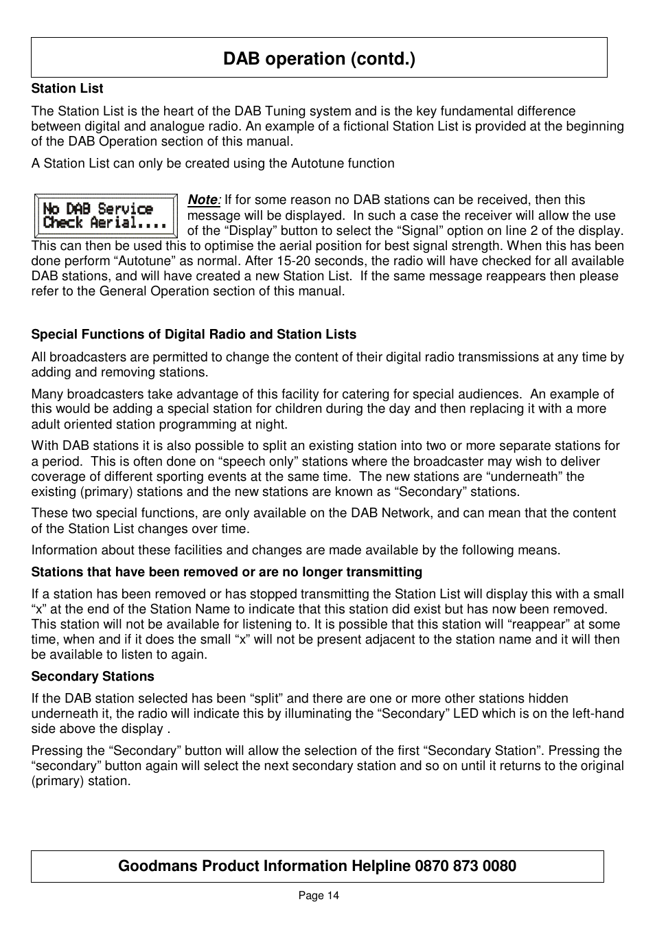 Dab operation (contd.) | Goodmans GSR75WDAB User Manual | Page 14 / 22