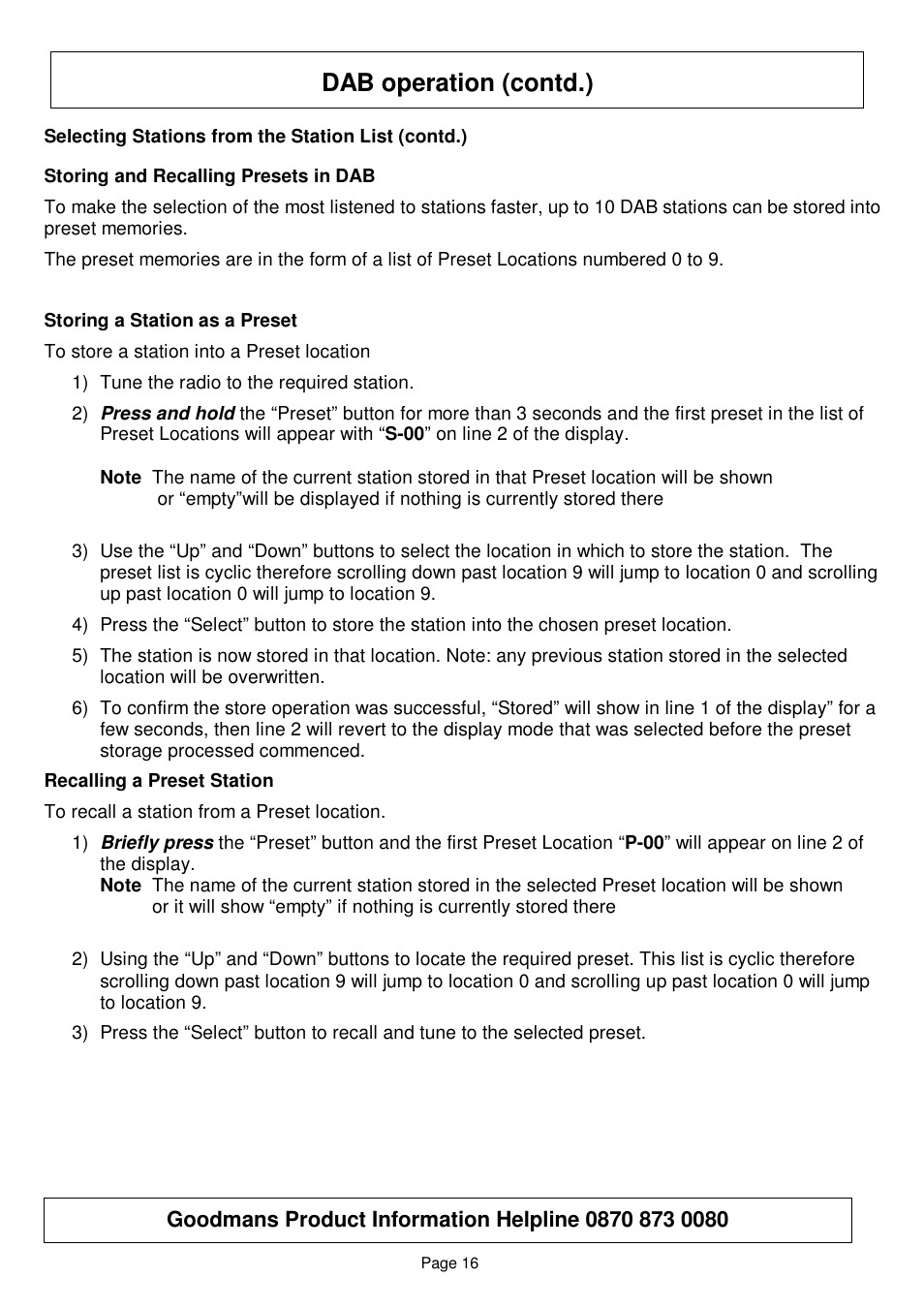 Dab operation (contd.) | Goodmans GSR75WDAB User Manual | Page 16 / 22
