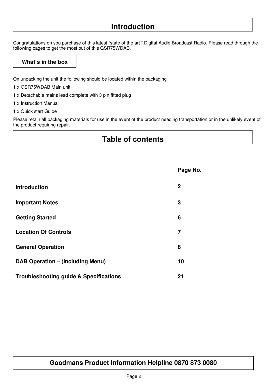 Table of contents introduction | Goodmans GSR75WDAB User Manual | Page 2 / 22
