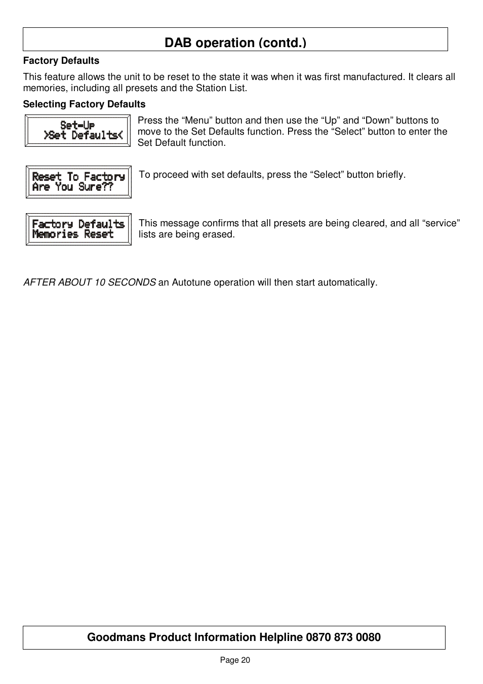 Dab operation (contd.) | Goodmans GSR75WDAB User Manual | Page 20 / 22