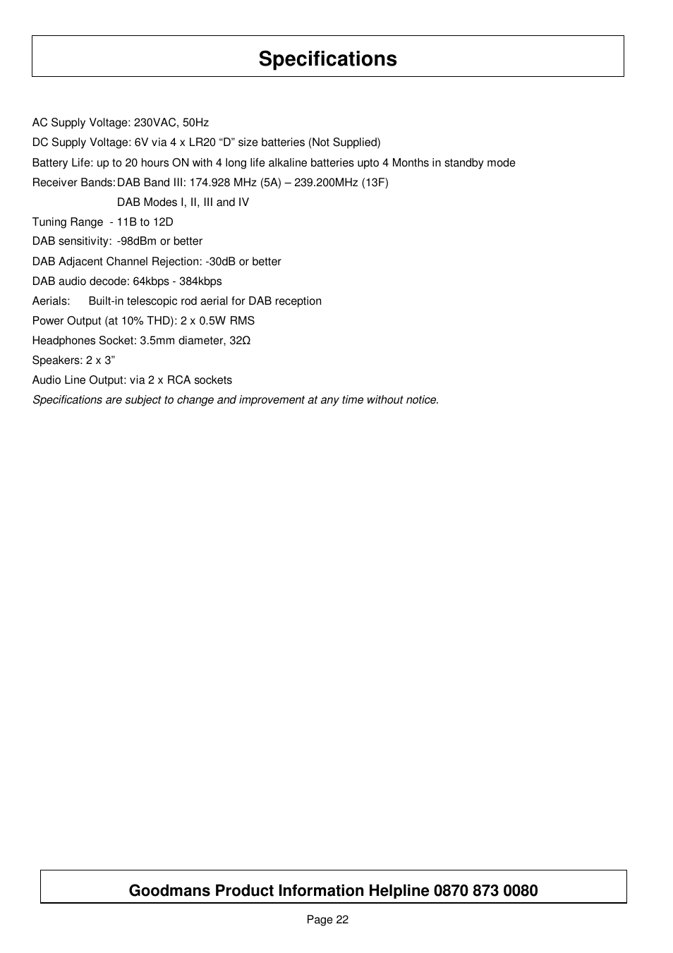 Specifications | Goodmans GSR75WDAB User Manual | Page 22 / 22