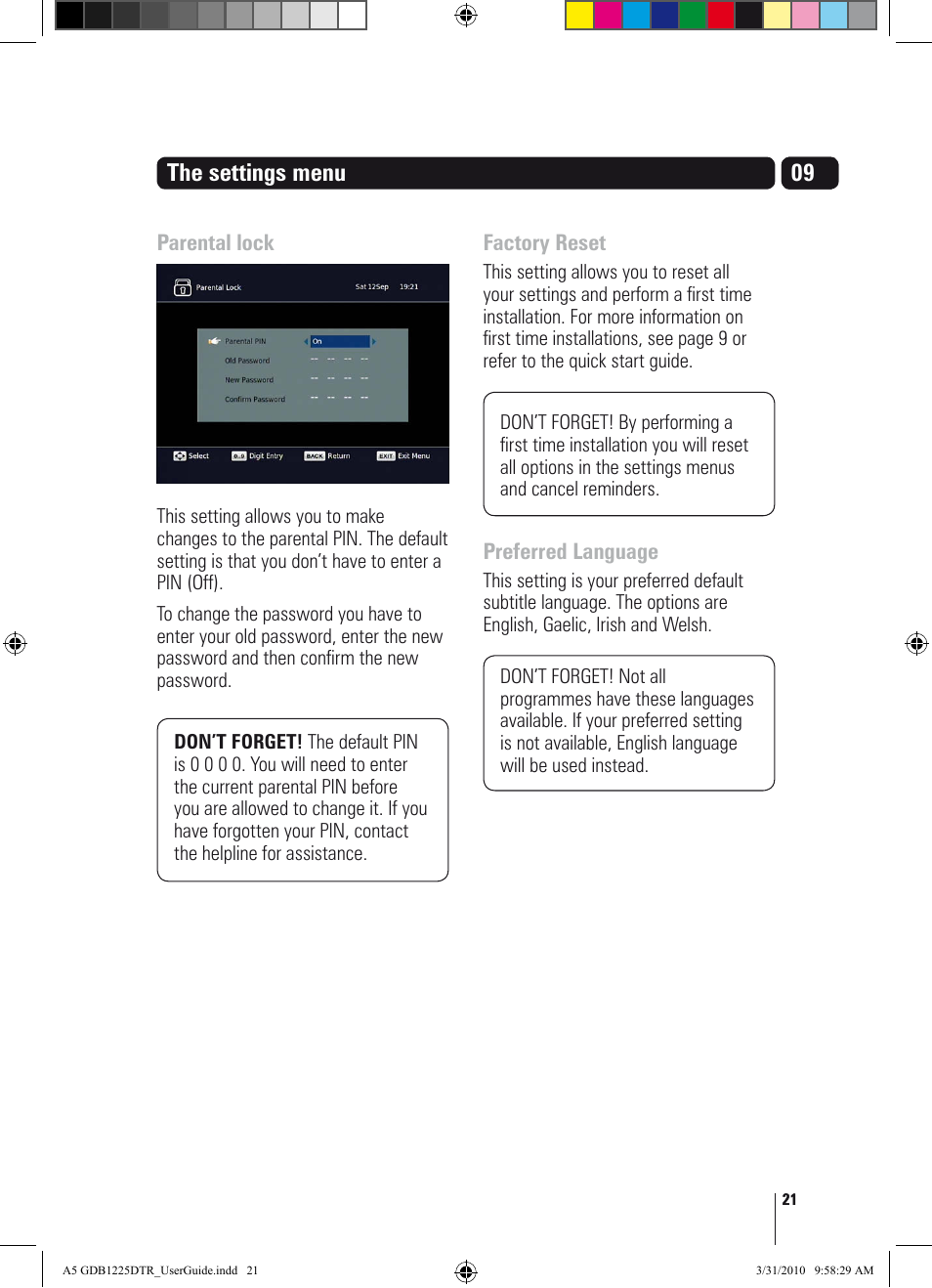 The settings menu | Goodmans GDB1225DTR User Manual | Page 21 / 32