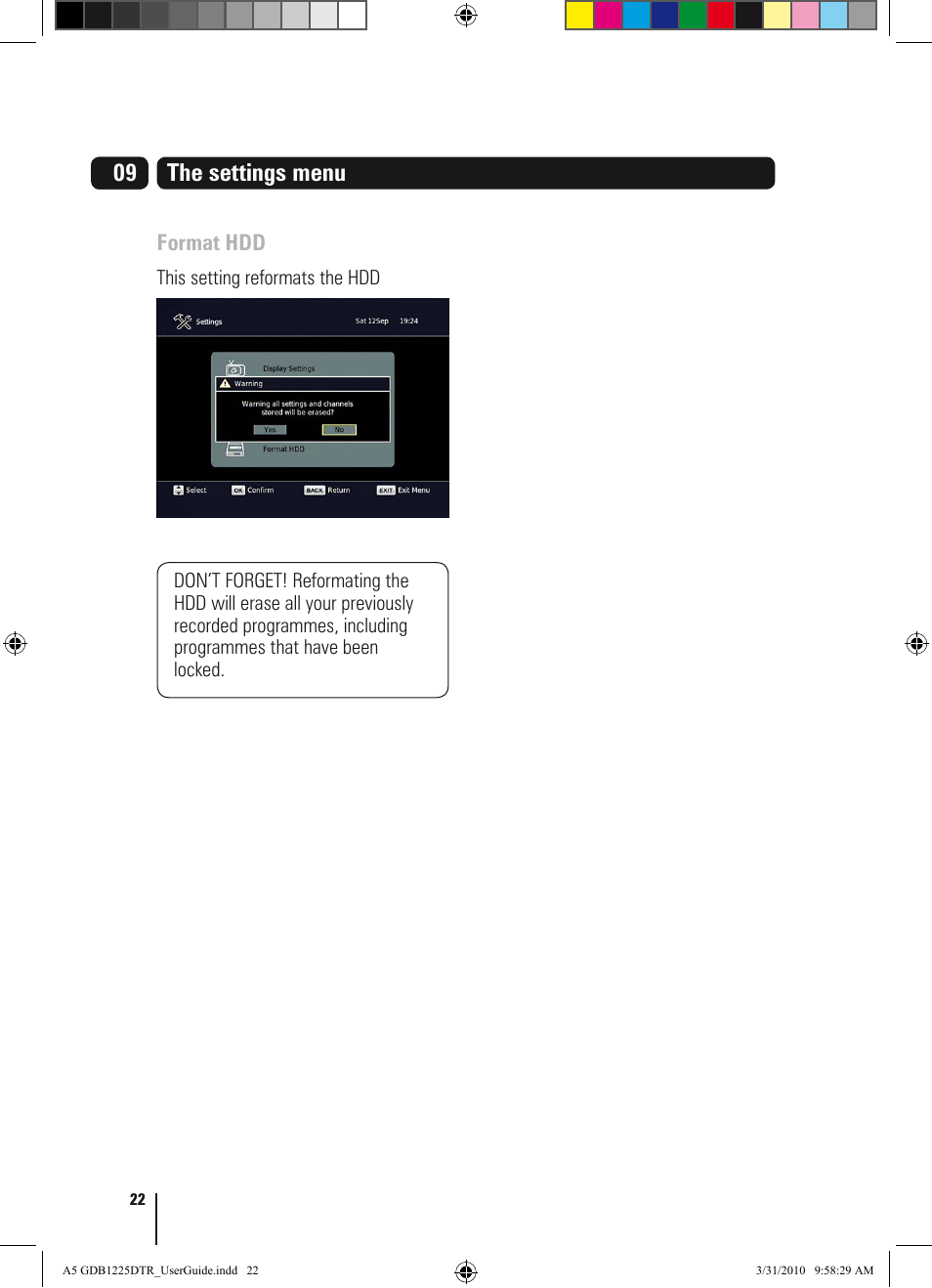 The settings menu | Goodmans GDB1225DTR User Manual | Page 22 / 32