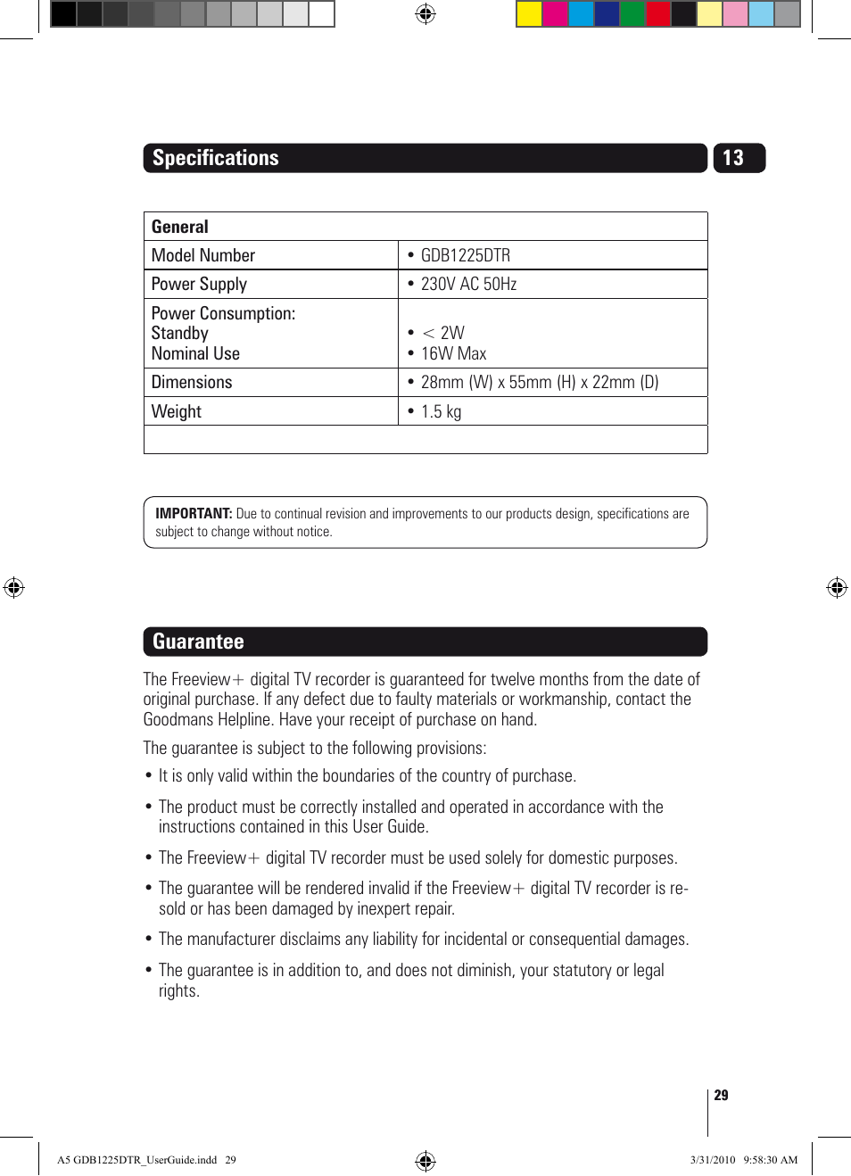 Specifications, Guarantee | Goodmans GDB1225DTR User Manual | Page 29 / 32