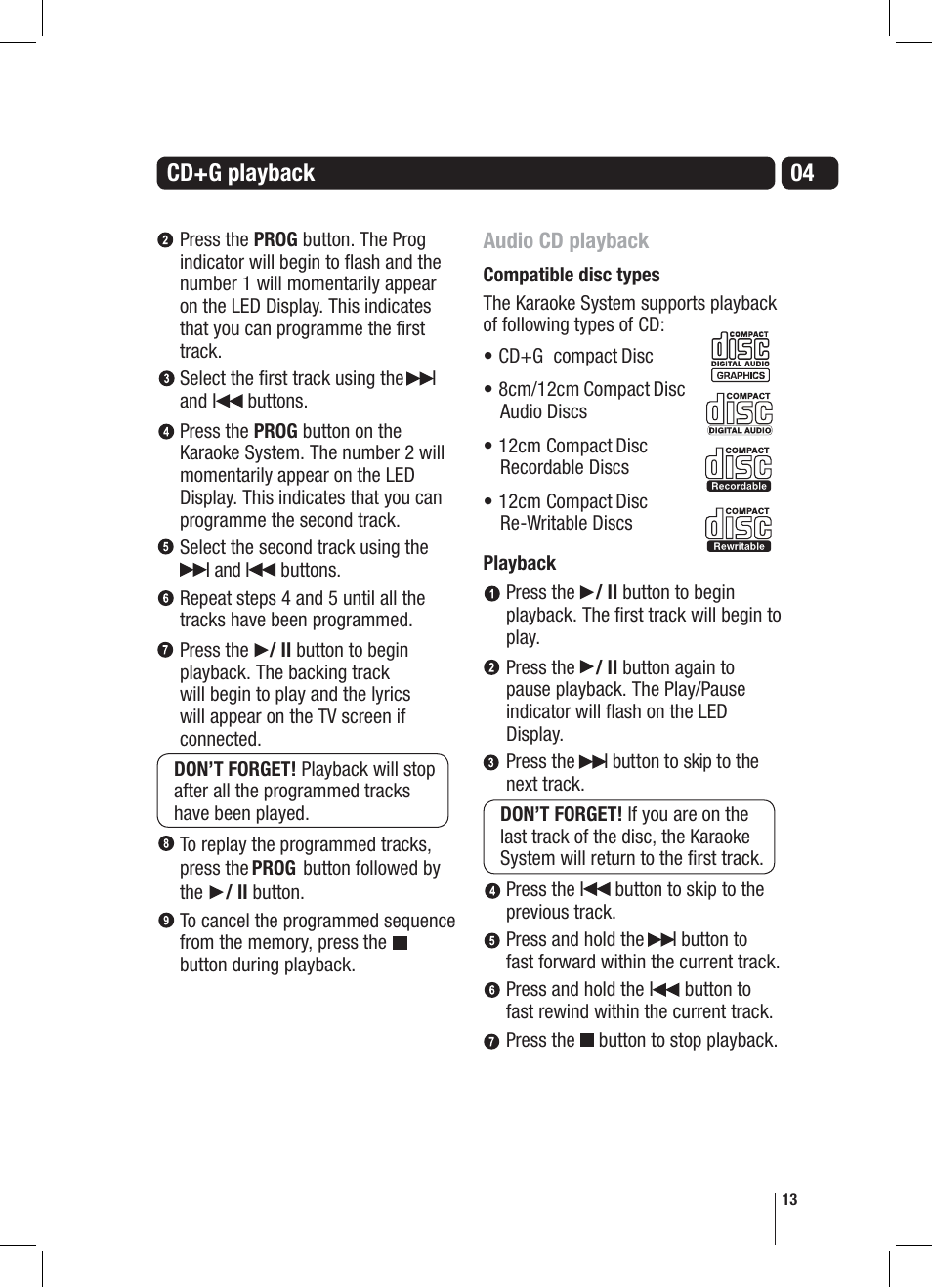 Cd+g playback | Goodmans XB7CDGIP User Manual | Page 13 / 28