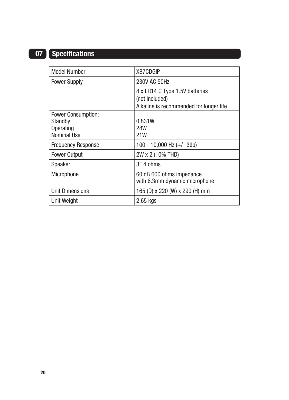 07 specifications | Goodmans XB7CDGIP User Manual | Page 20 / 28