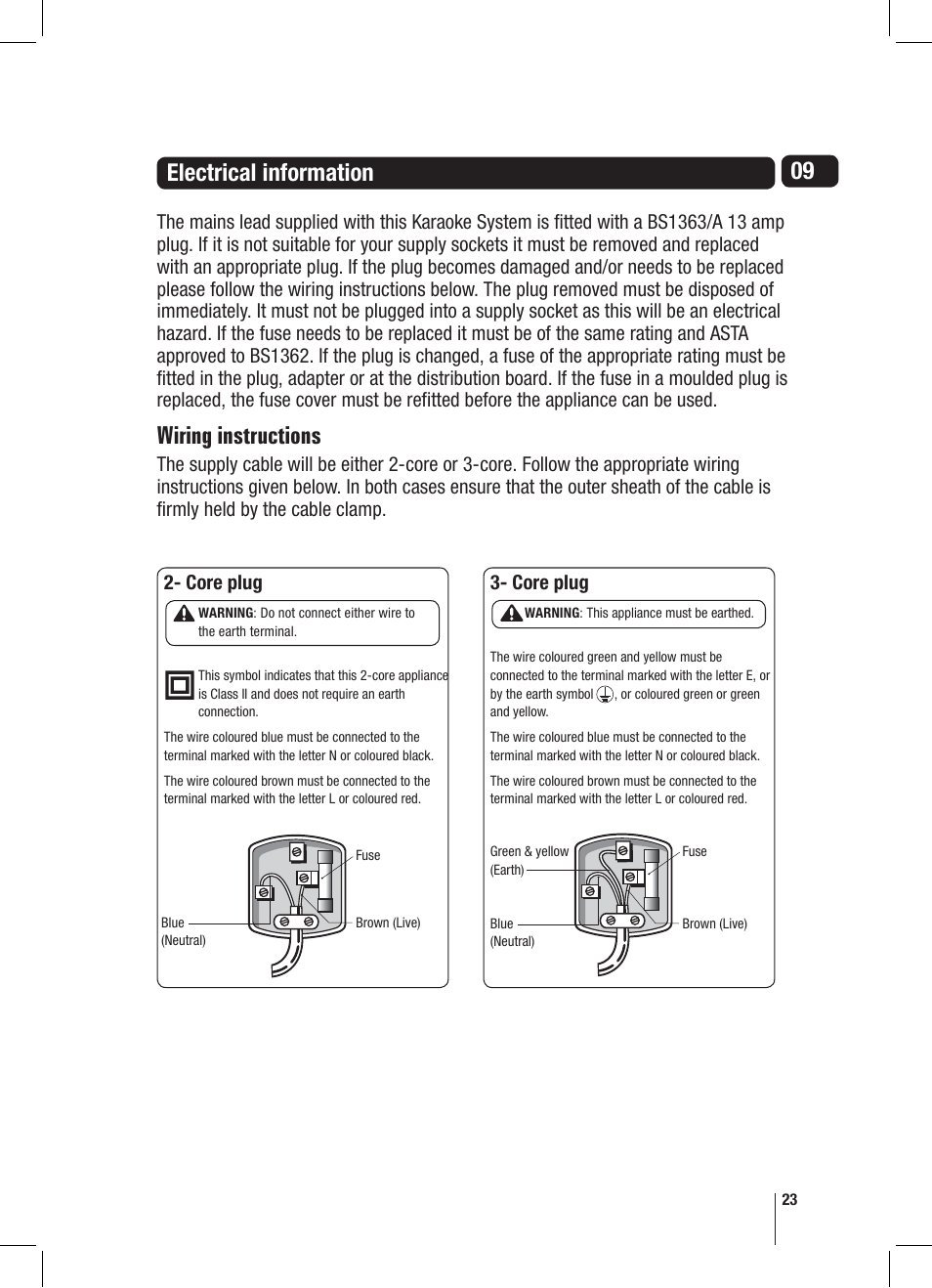 09 electrical information, Wiring instructions, Core plug | Goodmans XB7CDGIP User Manual | Page 23 / 28