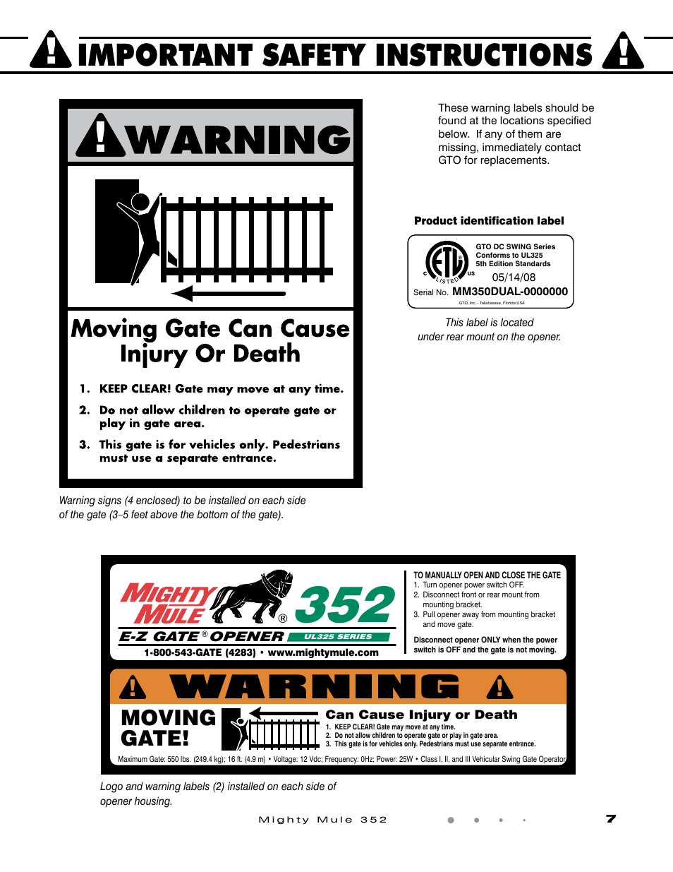 Important safety instructions, Moving gate | GTO Mighty Mule 352 User Manual | Page 11 / 48