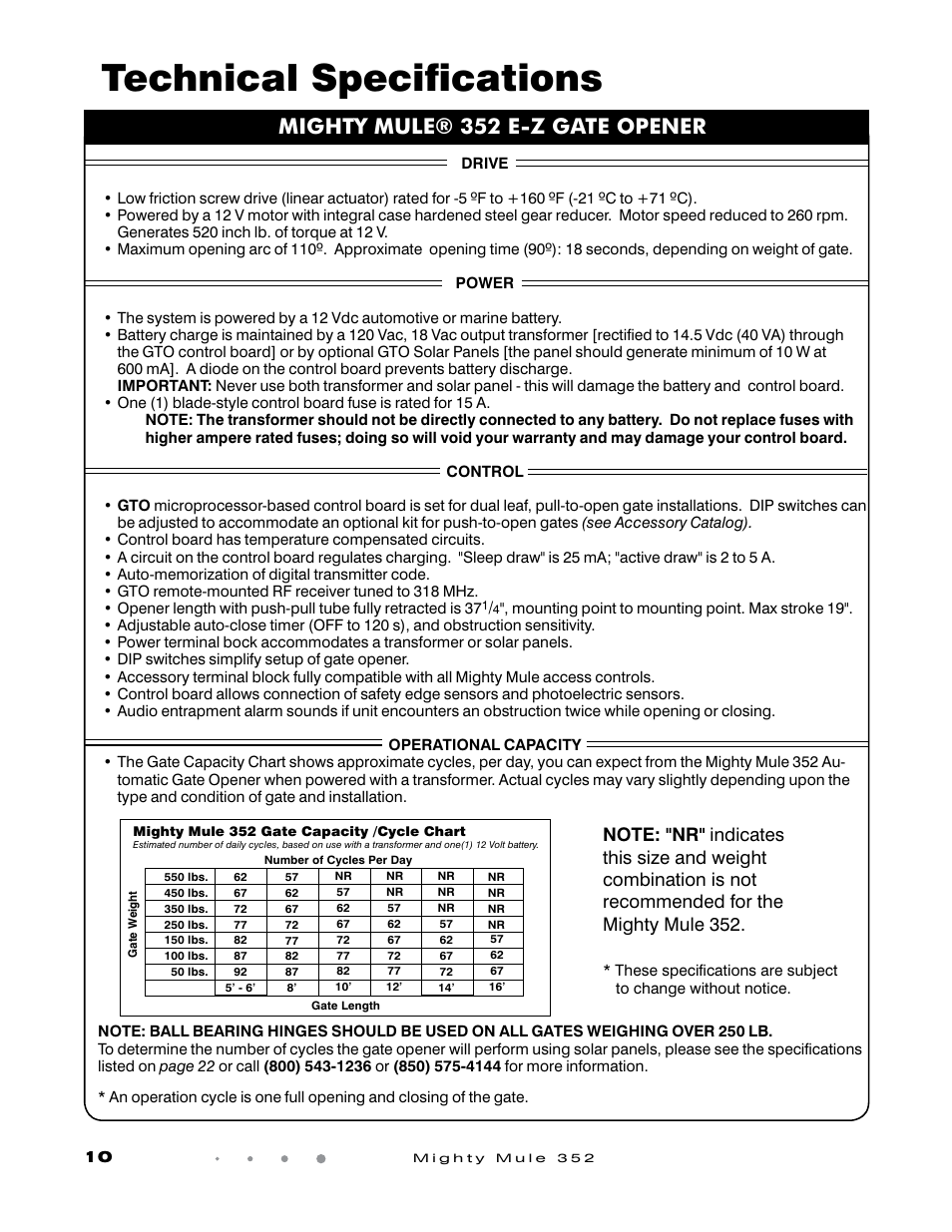 Technical specifications, Mighty mule® 352 e-z gate opener | GTO Mighty Mule 352 User Manual | Page 14 / 48