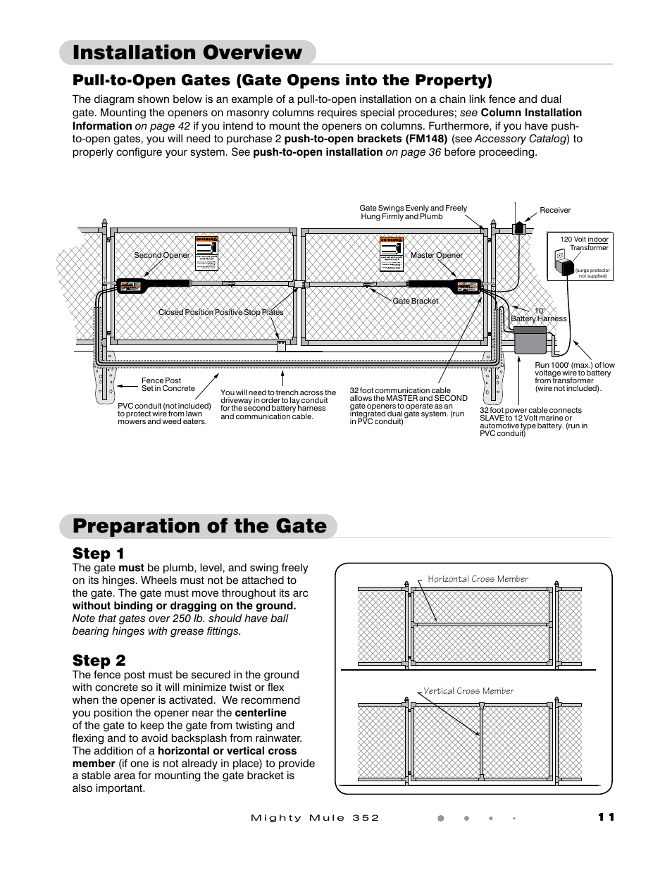 Preparation of the gate, Installation overview, Step 1 | Step 2, Pull-to-open gates (gate opens into the property) | GTO Mighty Mule 352 User Manual | Page 15 / 48
