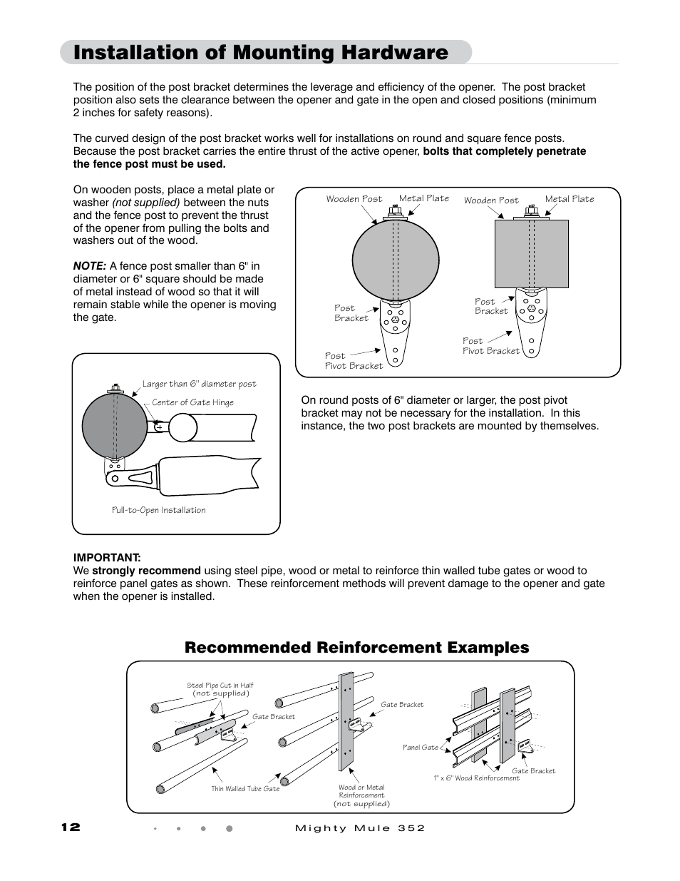 Installation of mounting hardware, Recommended reinforcement examples | GTO Mighty Mule 352 User Manual | Page 16 / 48