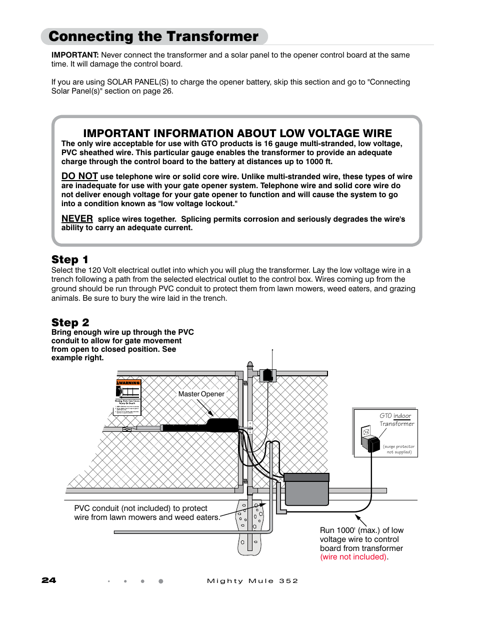 Connecting the transformer, Step 1, Step 2 | Important information about low voltage wire | GTO Mighty Mule 352 User Manual | Page 28 / 48