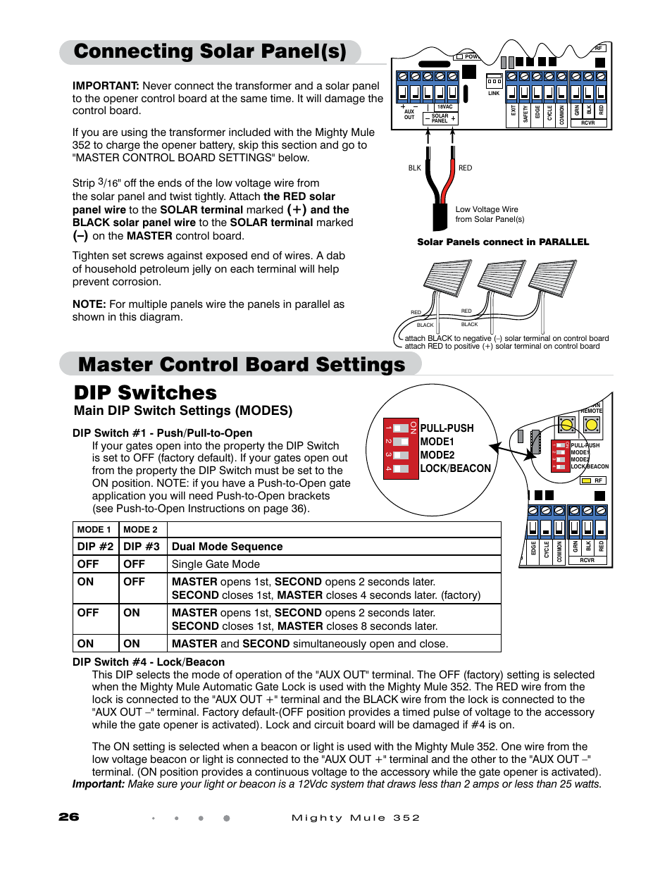 Dip switches, Main dip switch settings (modes), Pull-push mode1 mode2 lock/beacon | GTO Mighty Mule 352 User Manual | Page 30 / 48