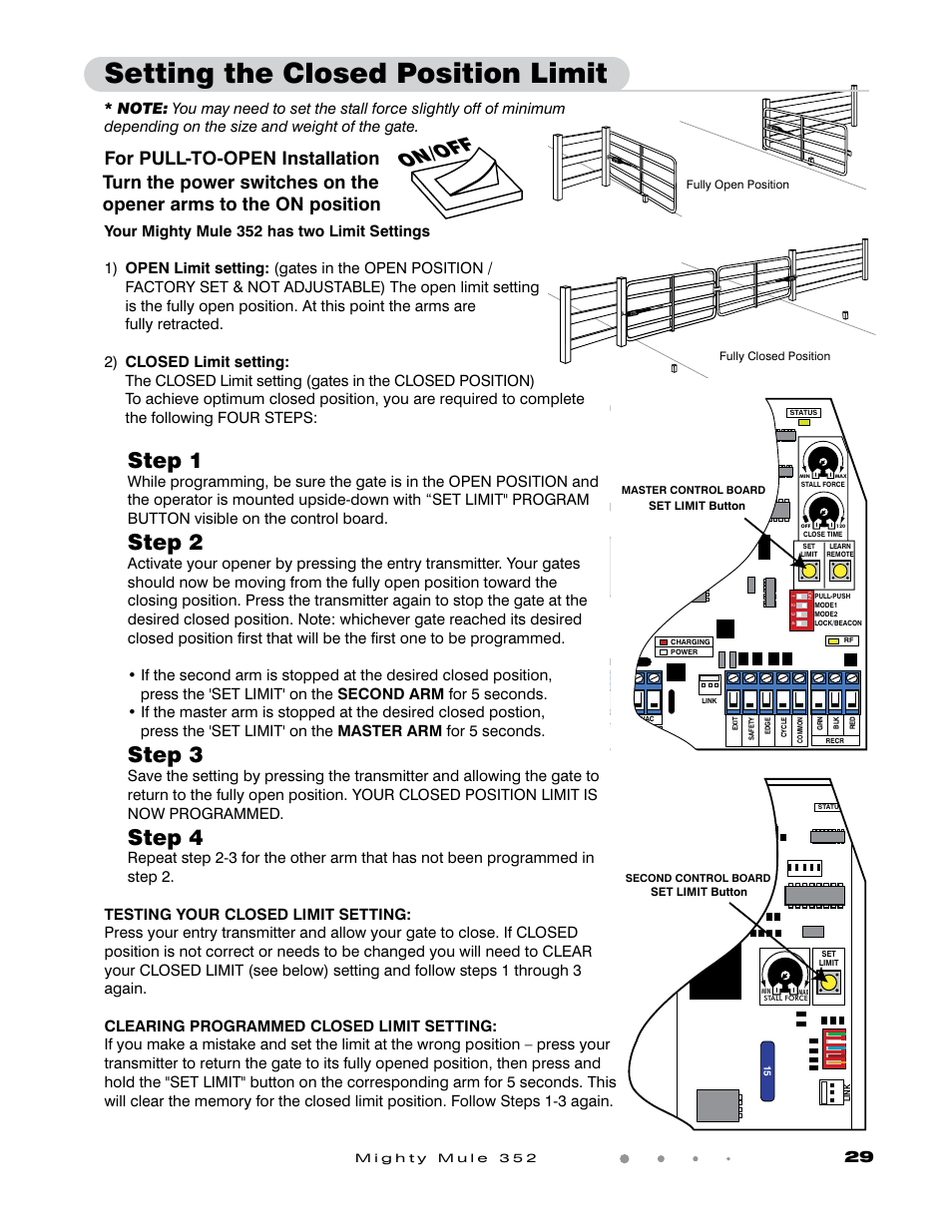Setting the closed position limit, Step 1, Step 2 | Step 3, Step 4, On/off | GTO Mighty Mule 352 User Manual | Page 33 / 48