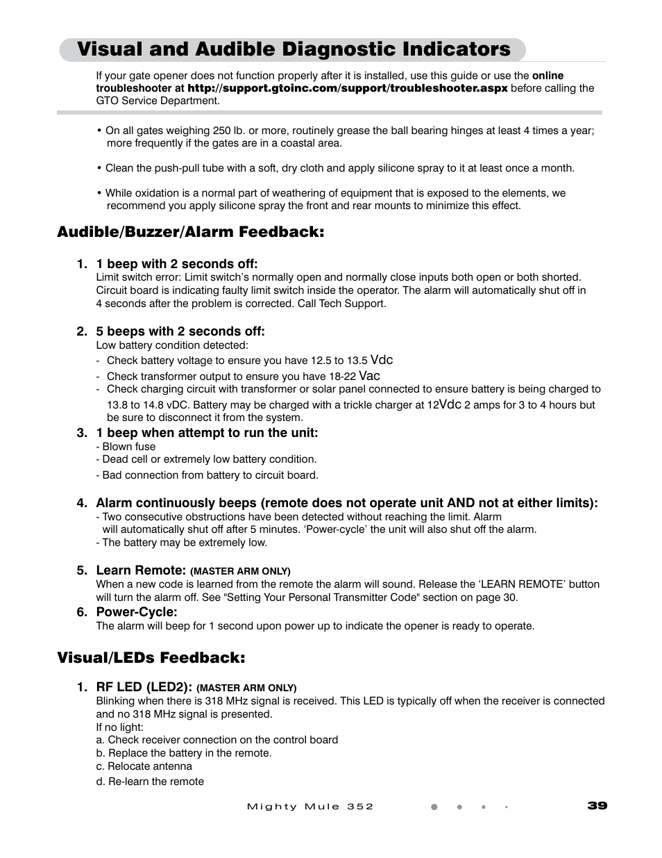 Visual and audible diagnostic indicators, Audible/buzzer/alarm feedback, Visual/leds feedback | GTO Mighty Mule 352 User Manual | Page 43 / 48