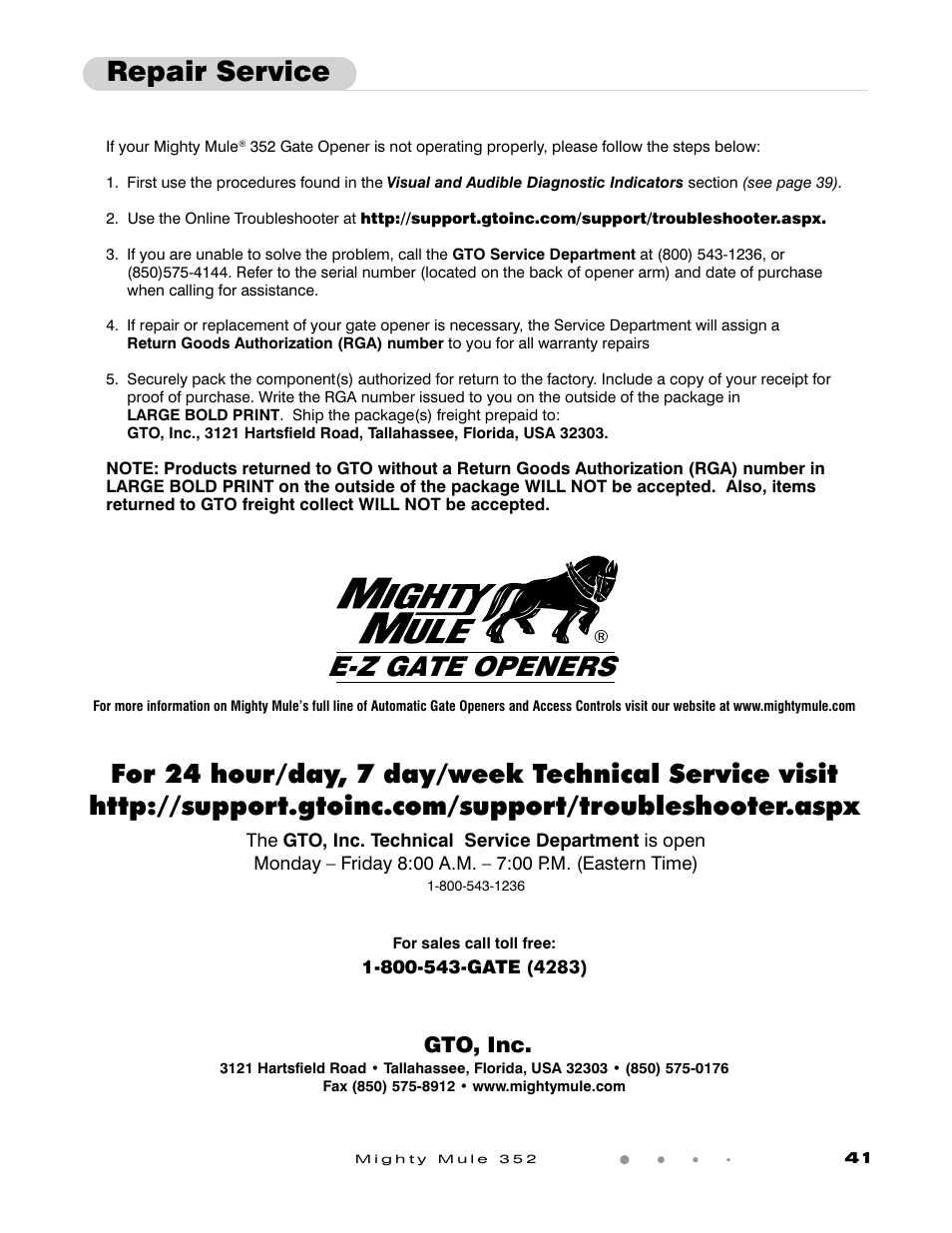 E-z gate openers, Repair service, Gto, inc | GTO Mighty Mule 352 User Manual | Page 45 / 48