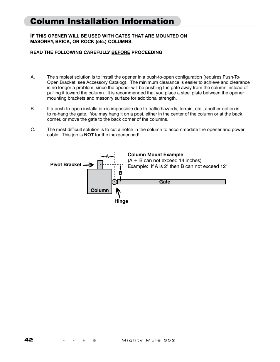 Column installation information | GTO Mighty Mule 352 User Manual | Page 46 / 48