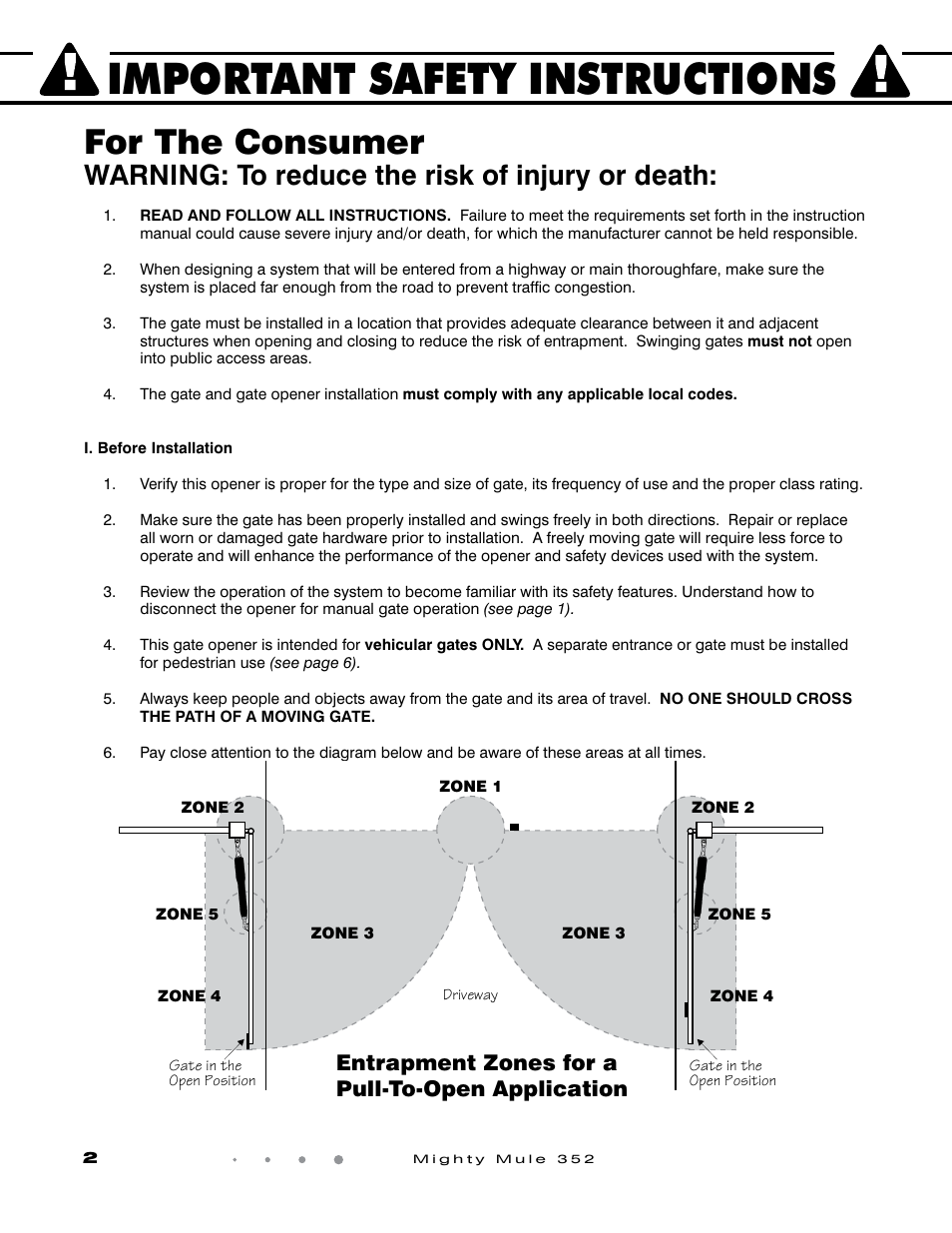 Important safety instructions, For the consumer, Warning: to reduce the risk of injury or death | Entrapment zones for a pull-to-open application | GTO Mighty Mule 352 User Manual | Page 6 / 48