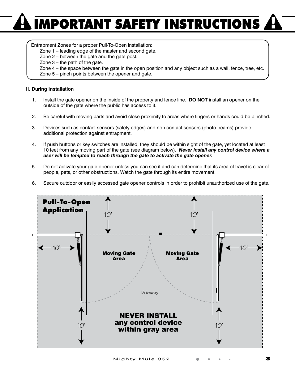 Important safety instructions, Never install any control device within gray area, Pull-to-open application | GTO Mighty Mule 352 User Manual | Page 7 / 48