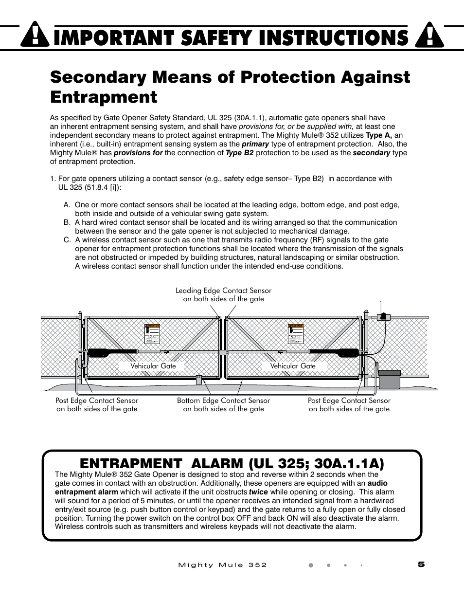 Important safety instructions, Secondary means of protection against entrapment | GTO Mighty Mule 352 User Manual | Page 9 / 48