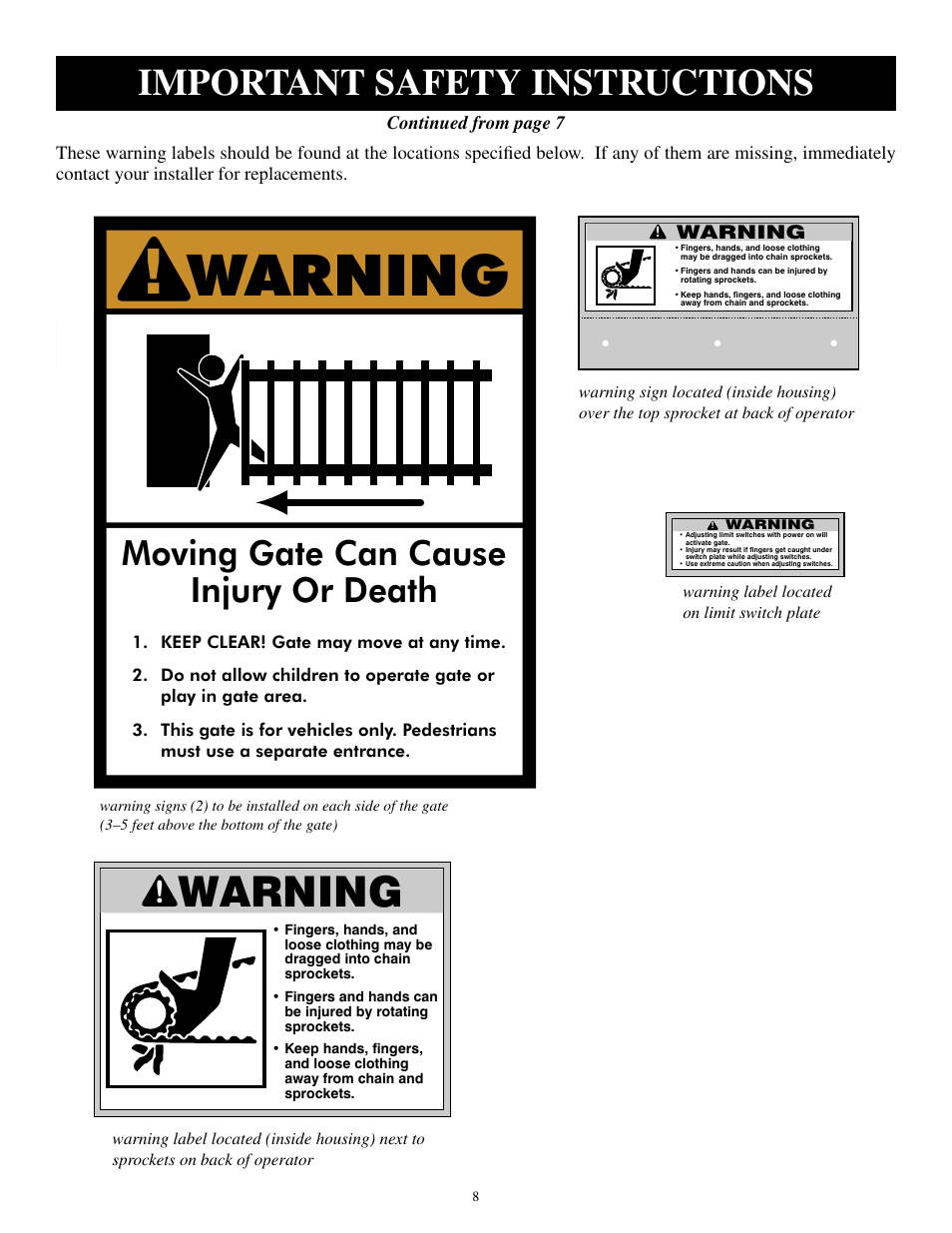 Warning, Important safety instructions, Moving gate can cause injury or death | GTO SL-1000B User Manual | Page 10 / 43