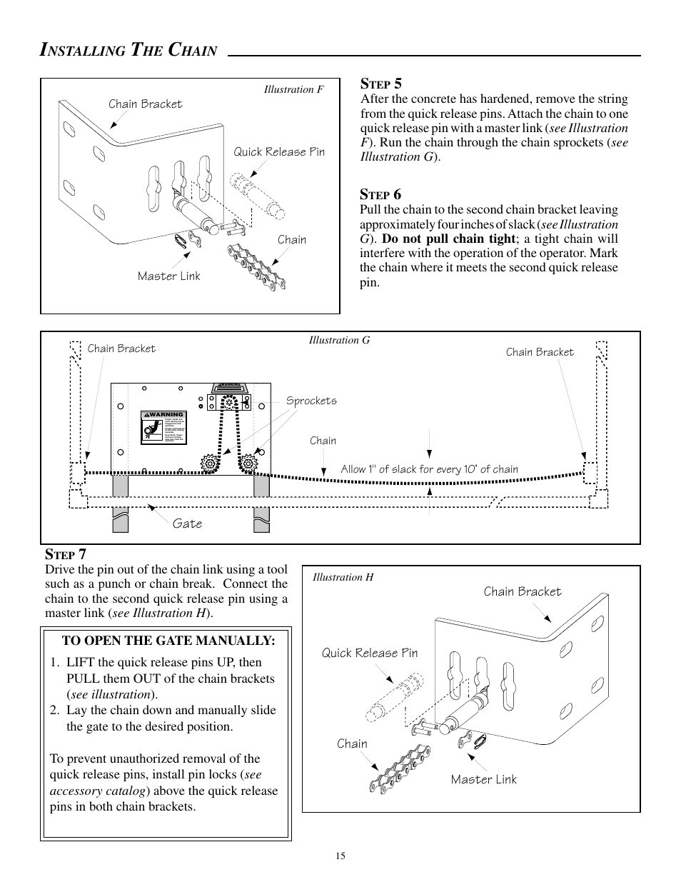 Nstalling, Hain, Quick release pin chain master link chain bracket | Gate | GTO SL-1000B User Manual | Page 17 / 43