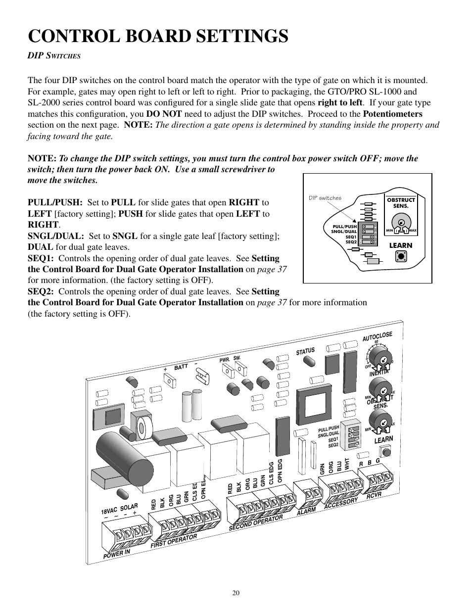 Control board settings, Dip s | GTO SL-1000B User Manual | Page 22 / 43