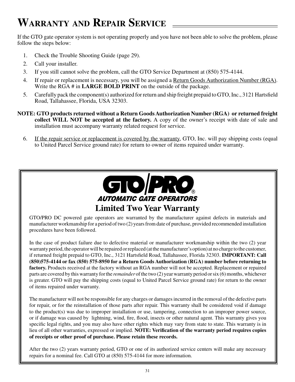Limited two year warranty | GTO SL-1000B User Manual | Page 33 / 43