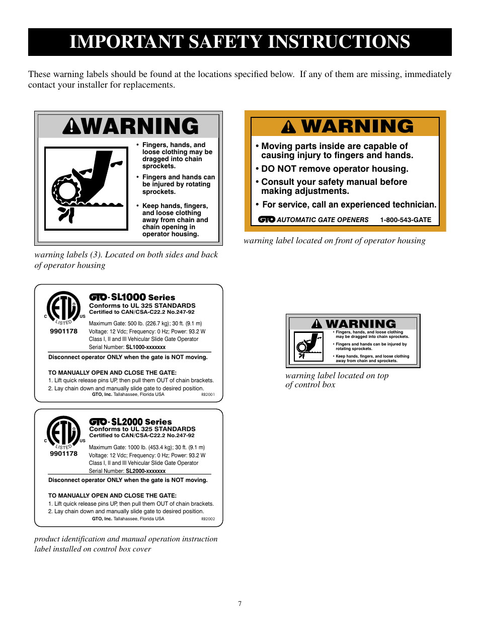 Warning, Important safety instructions | GTO SL-1000B User Manual | Page 9 / 43