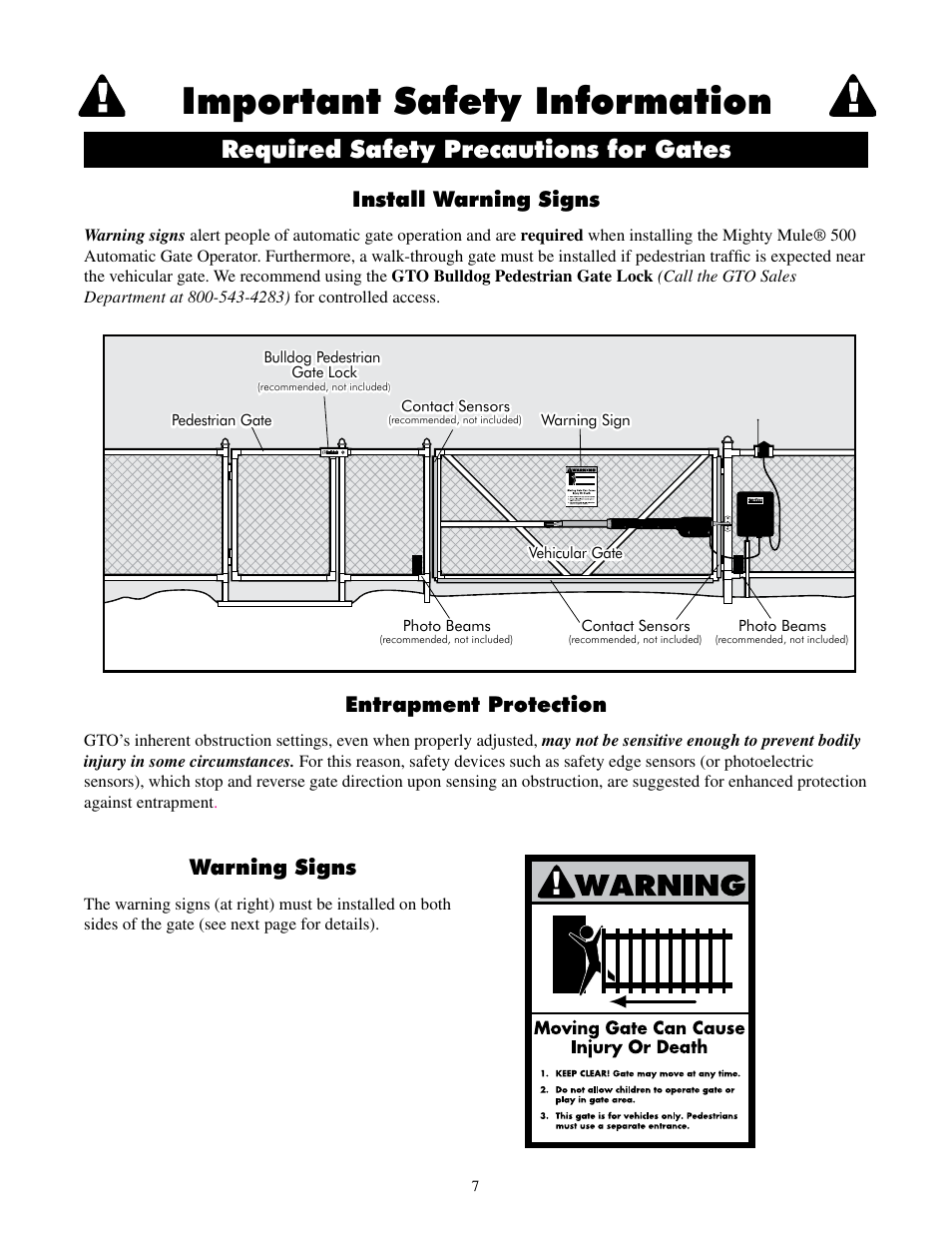 Important safety information, Required safety precautions for gates, Install warning signs | Entrapment protection warning signs | GTO UL325 SERIES User Manual | Page 10 / 43