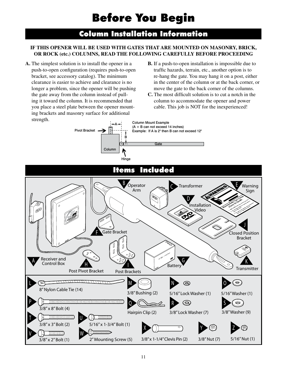 Before you begin, Column installation information, Items included | Warning | GTO UL325 SERIES User Manual | Page 14 / 43