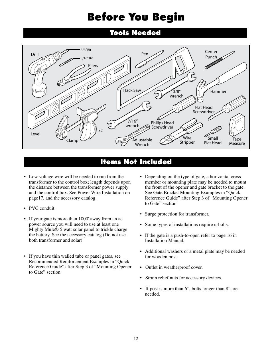 Before you begin, Items not included, Tools needed | GTO UL325 SERIES User Manual | Page 15 / 43