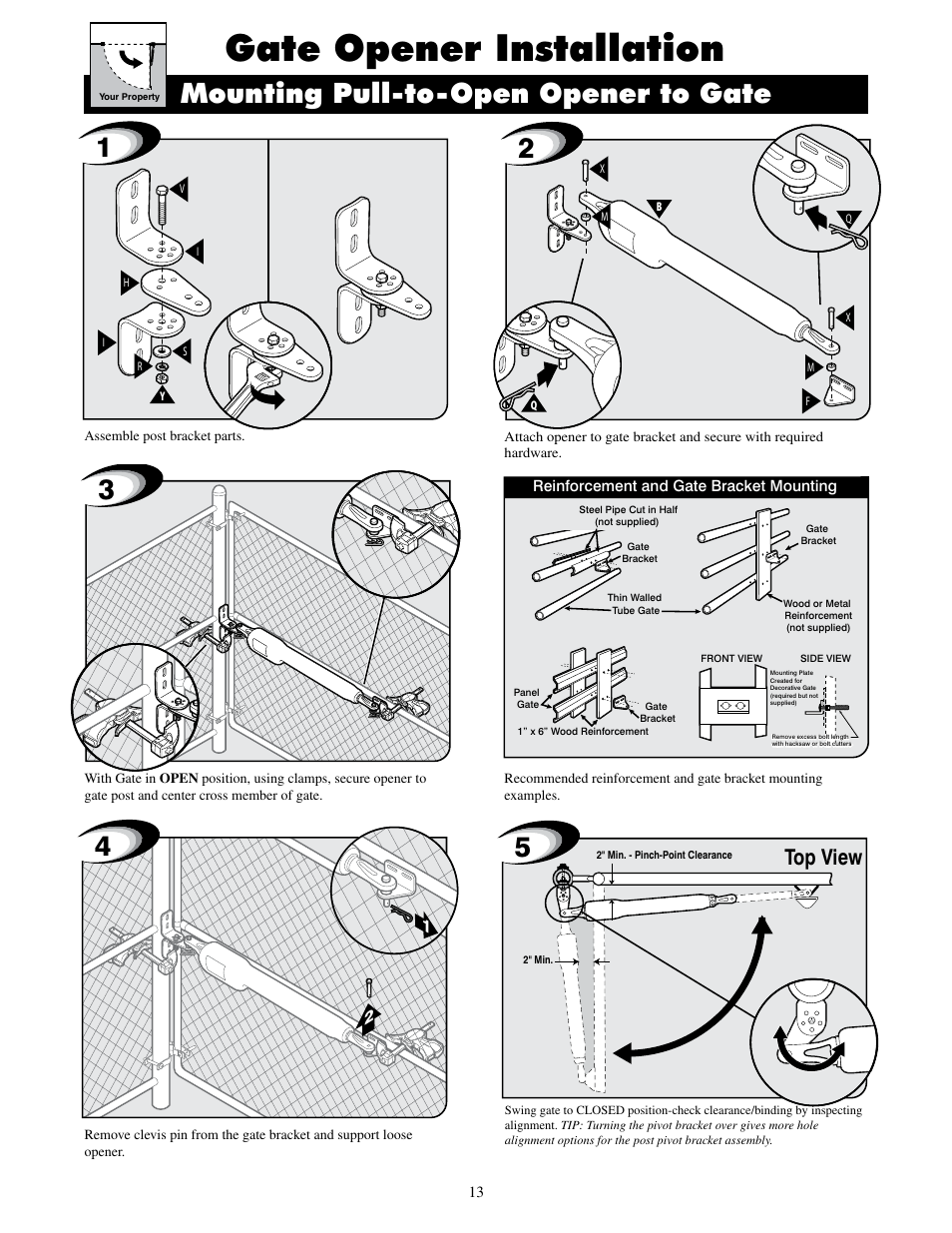 Gate opener installation, Mounting pull-to-open opener to gate, Top view | GTO UL325 SERIES User Manual | Page 16 / 43