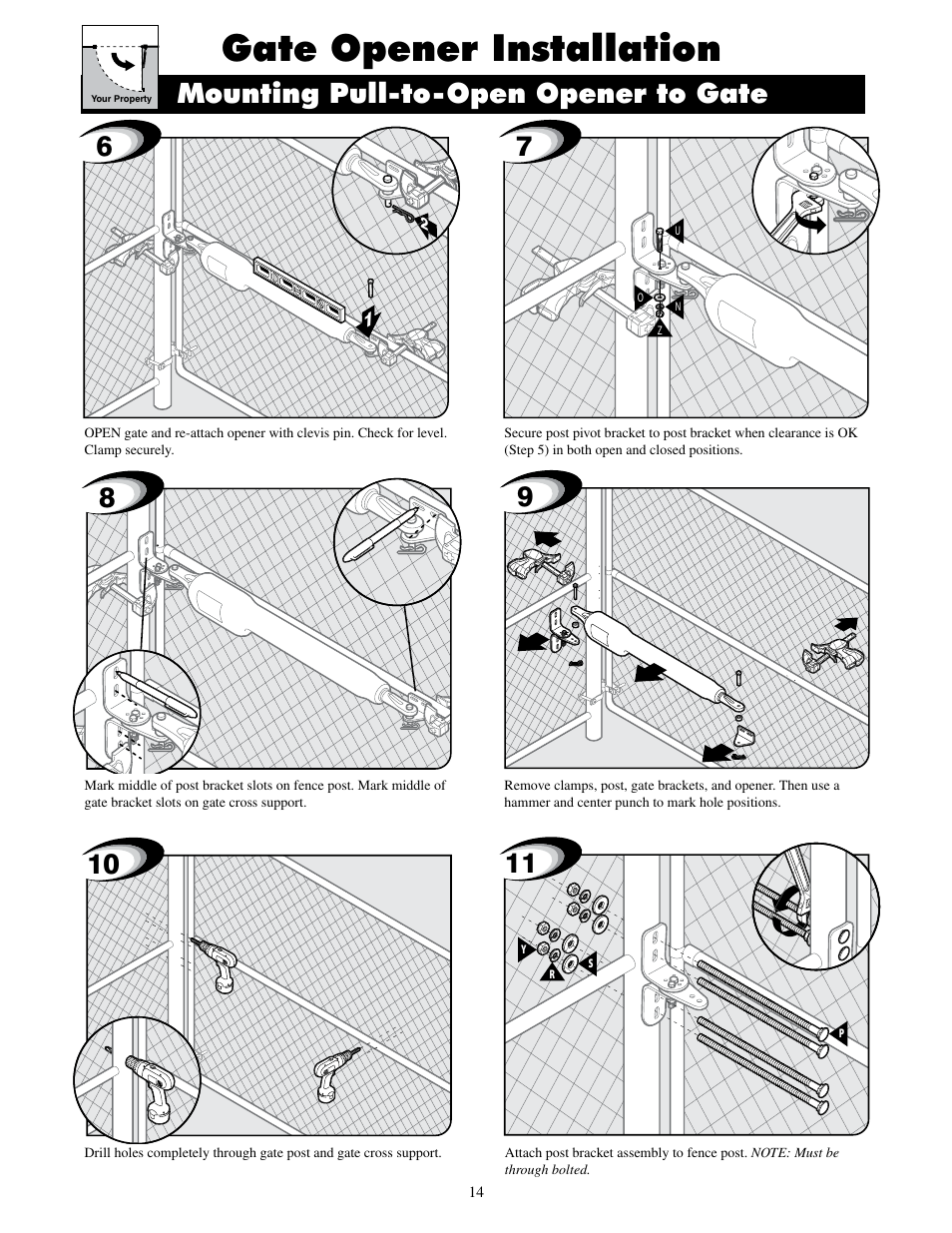 Gate opener installation, Mounting pull-to-open opener to gate | GTO UL325 SERIES User Manual | Page 17 / 43