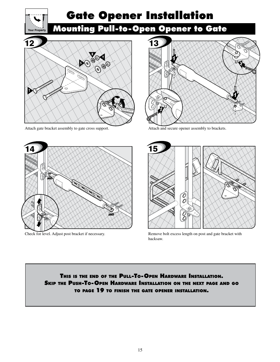 Gate opener installation, Mounting pull-to-open opener to gate | GTO UL325 SERIES User Manual | Page 18 / 43