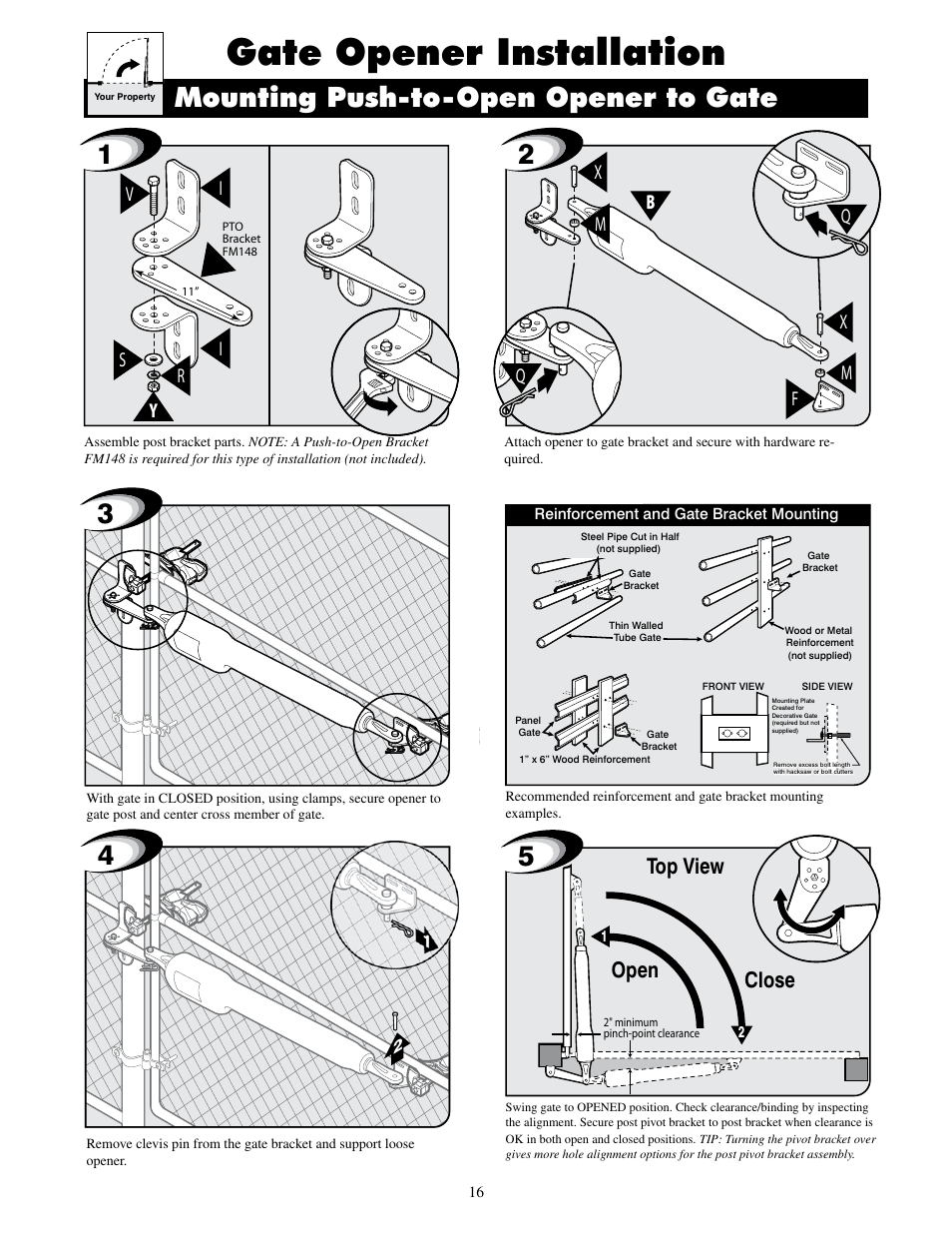 Gate opener installation, 3mounting push-to-open opener to gate, Top view close open | Ir v s y | GTO UL325 SERIES User Manual | Page 19 / 43