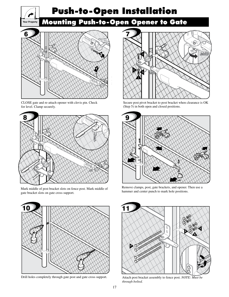 Push-to-open installation, Mounting push-to-open opener to gate | GTO UL325 SERIES User Manual | Page 20 / 43