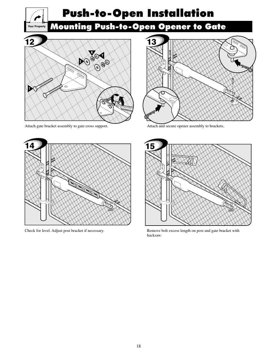 Push-to-open installation, Mounting push-to-open opener to gate | GTO UL325 SERIES User Manual | Page 21 / 43