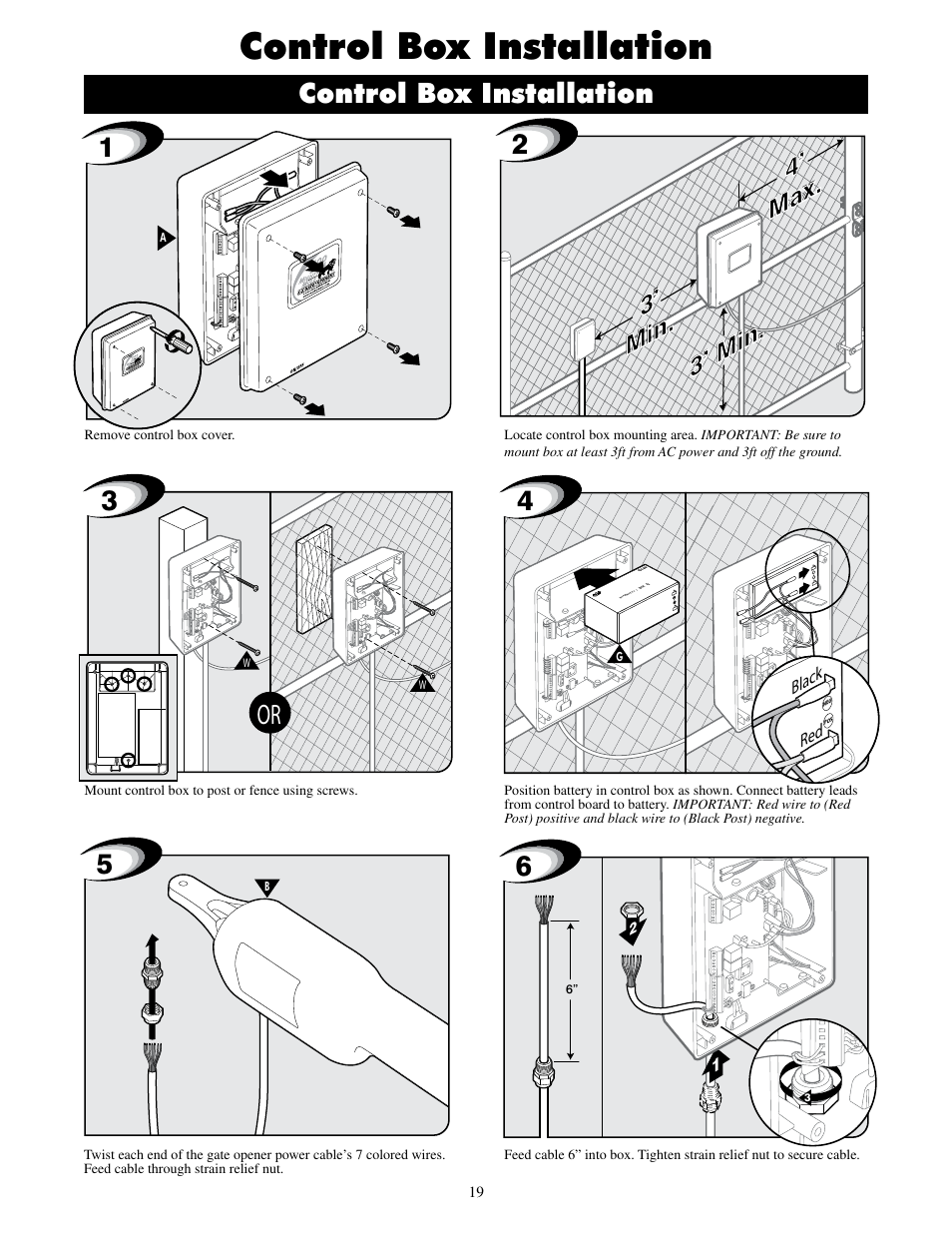 Control box installation, 3’ min. 3’ min. 4’ max | GTO UL325 SERIES User Manual | Page 22 / 43