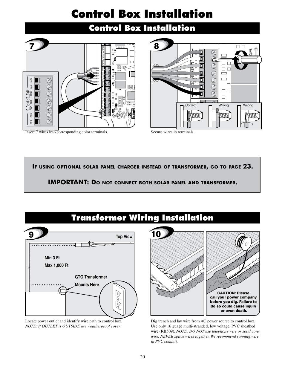 Transformer wiring installation, Control box installation, Important: d | Using, Optional, Solar, Panel, Charger, Instead, Transformer | GTO UL325 SERIES User Manual | Page 23 / 43