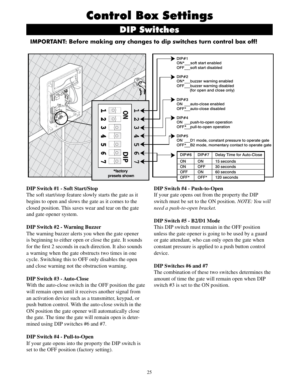 Control box settings, Dip switches | GTO UL325 SERIES User Manual | Page 28 / 43