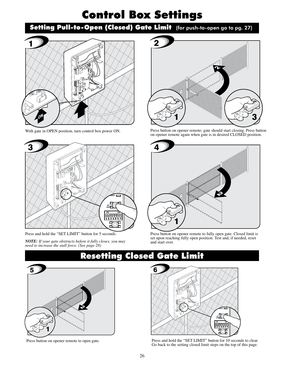Control box settings, Resetting closed gate limit, Setting pull-to-open (closed) gate limit | GTO UL325 SERIES User Manual | Page 29 / 43