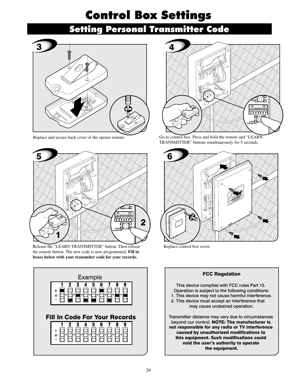 Control box settings, Setting personal transmitter code, Example | Fill in code for your records | GTO UL325 SERIES User Manual | Page 32 / 43