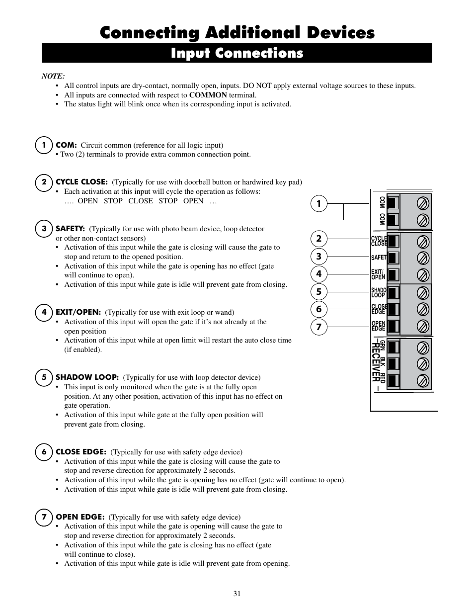 Connecting additional devices, Input connections, Receiver | Master inputs, 18v ac so la r rel ay ou t sla ve inputs | GTO UL325 SERIES User Manual | Page 34 / 43