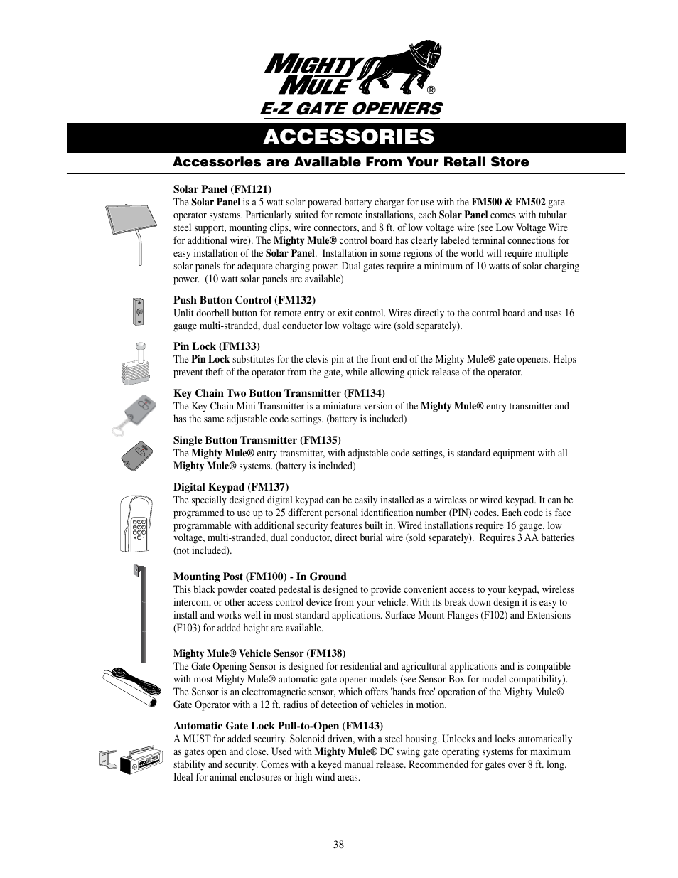 Accessories, E-z gate openers, Accessories are available from your retail store | GTO UL325 SERIES User Manual | Page 41 / 43