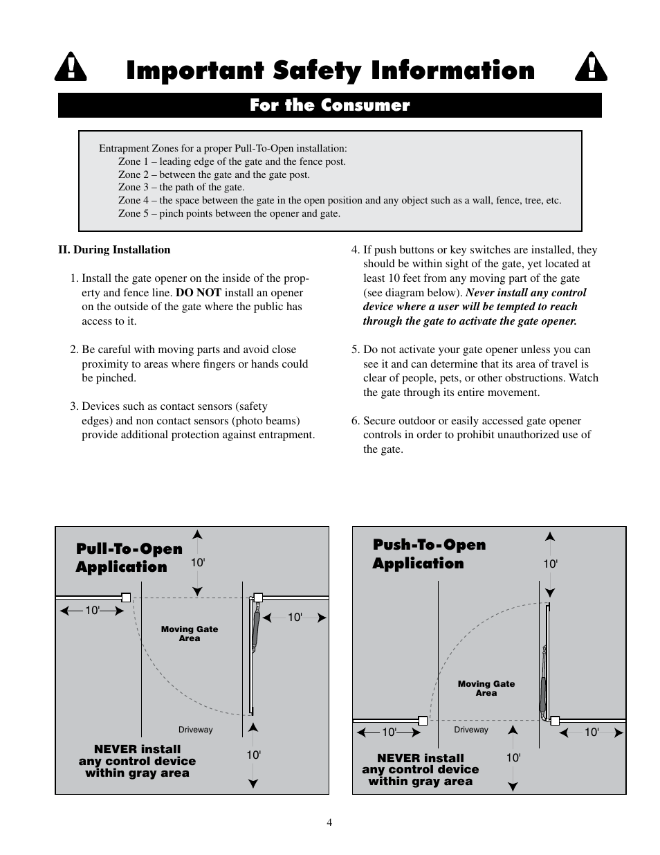 Important safety information, For the consumer, Pull-to-open application push-to-open application | GTO UL325 SERIES User Manual | Page 7 / 43