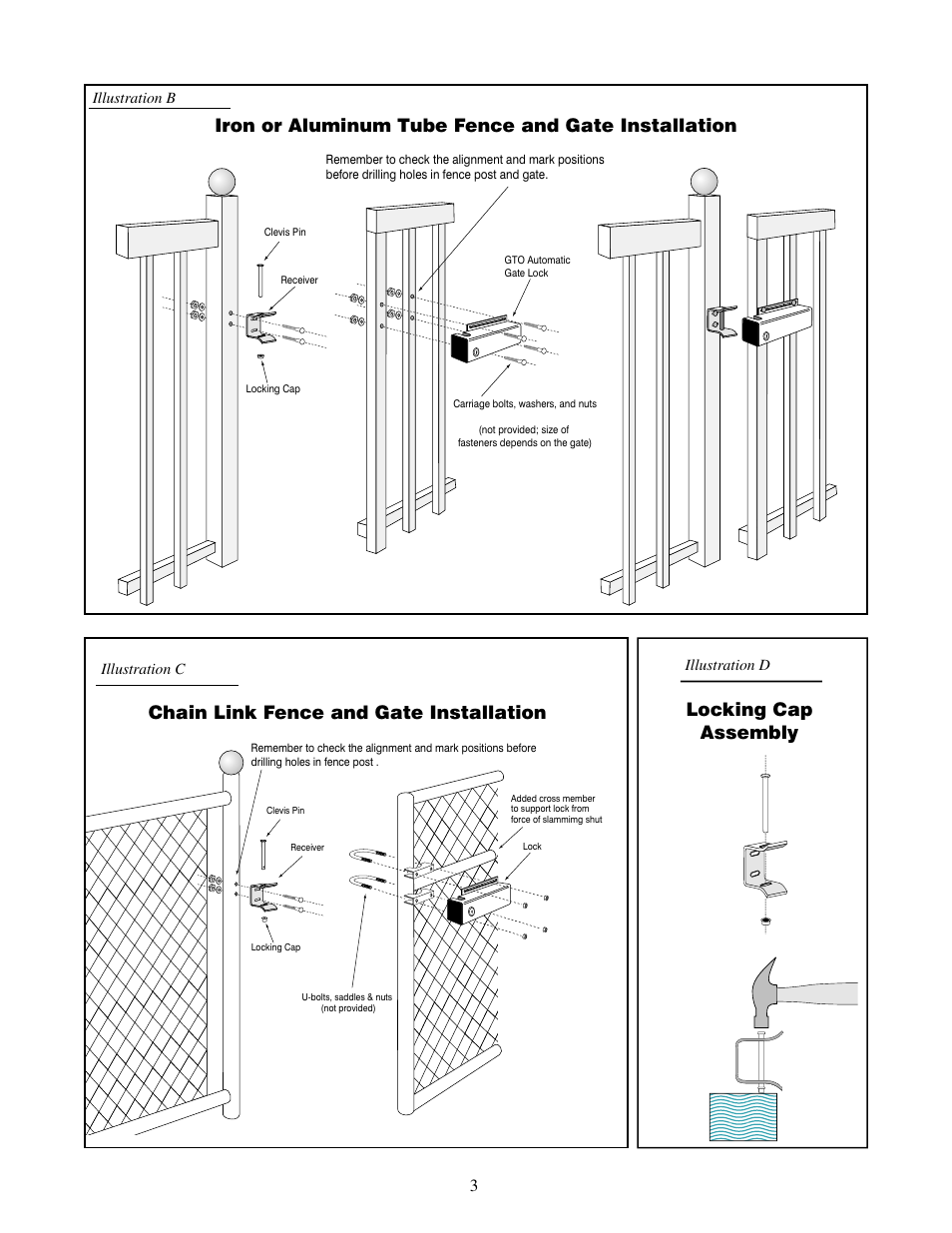 Iron or aluminum tube fence and gate installation, Chain link fence and gate installation, Locking cap assembly | Mighty Mule FM143 User Manual | Page 4 / 13